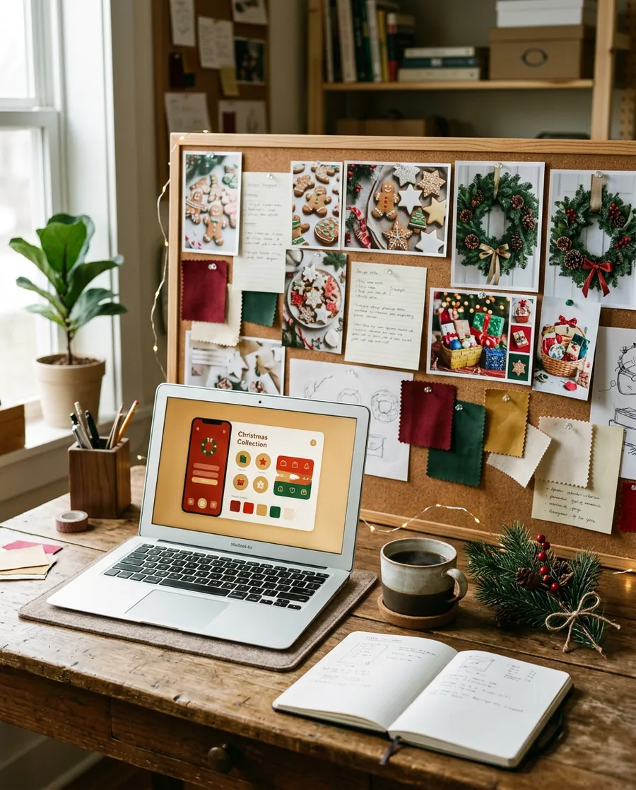 Mesa de trabajo con fotos de productos navideños y el diseño de la app