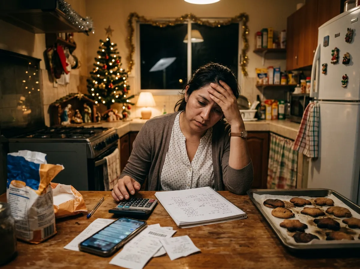Mujer agobiada de noche haciendo cuentas en la cocina