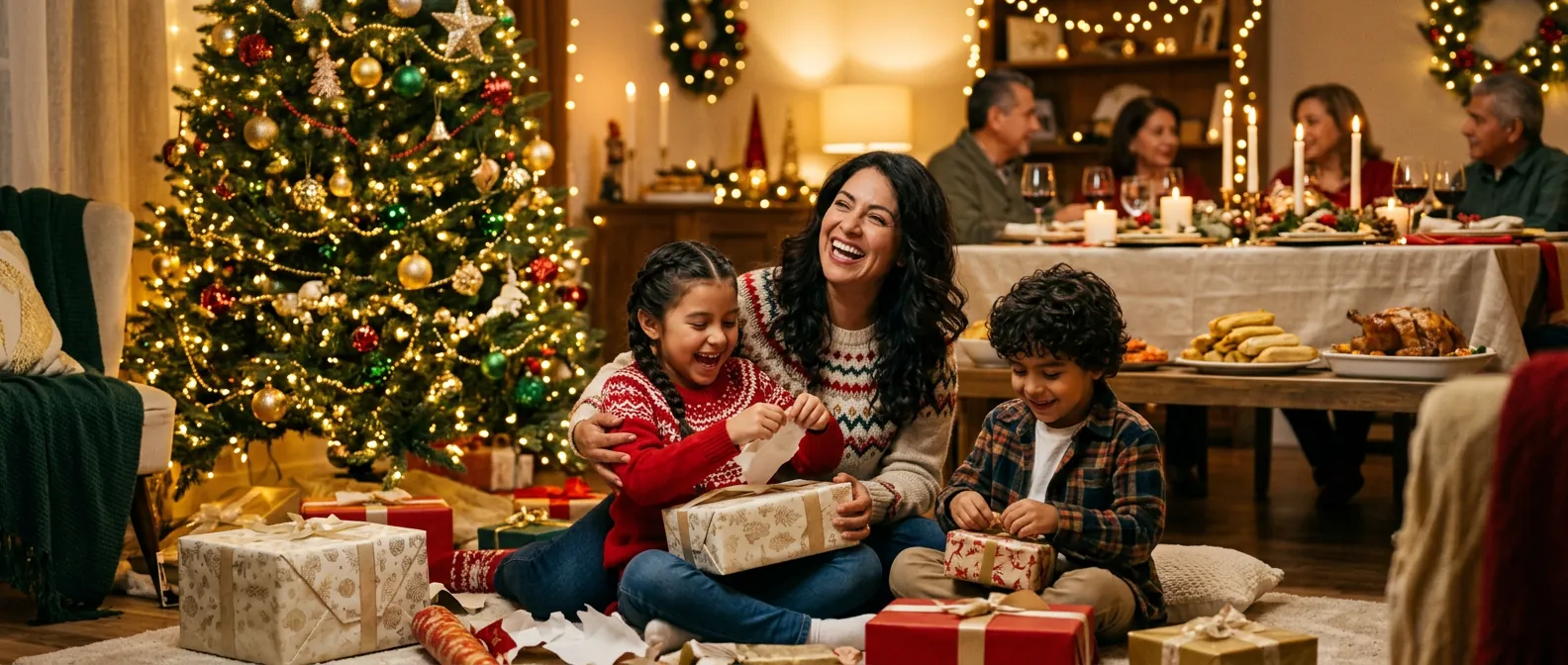 Familia abriendo regalos junto al árbol de Navidad
