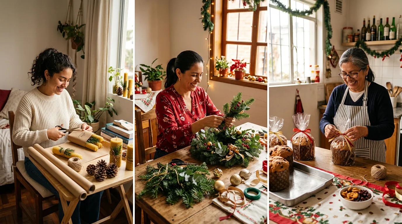 Tres personas preparando productos navideños en sus casas