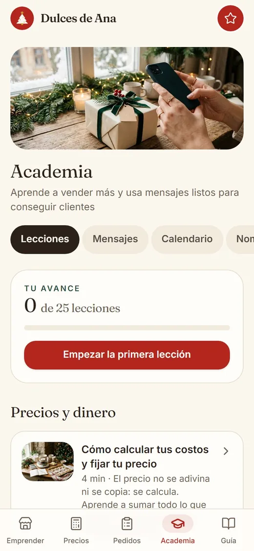 Pantalla de la app: Academia para vender