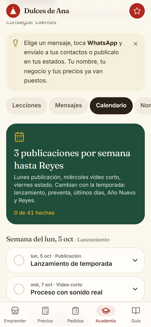 Pantalla de la app: Calendario de publicaciones hasta Reyes
